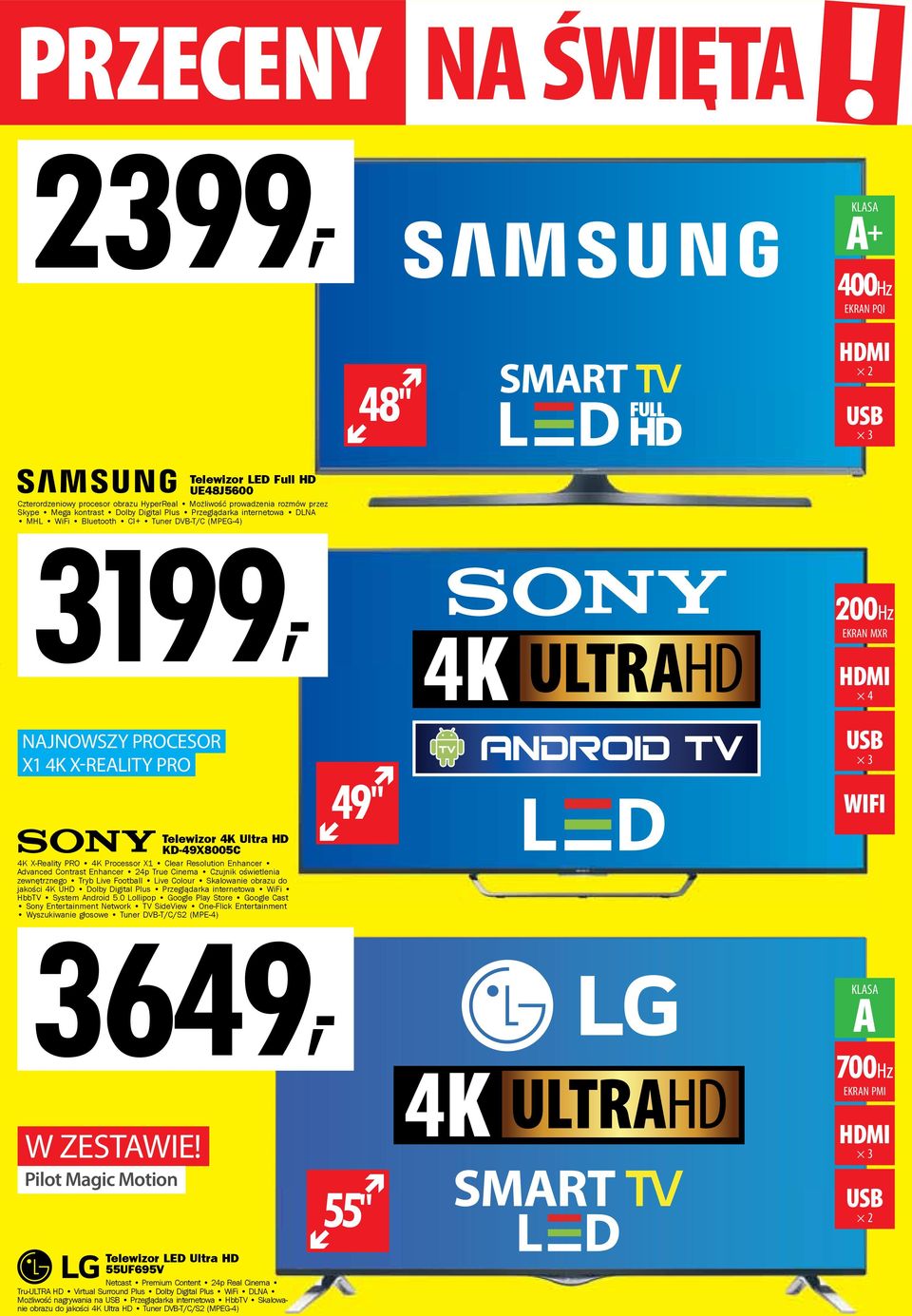 4K X-Reality PRO 4K Processor X1 Clear Resolution Enhancer Advanced Contrast Enhancer 24p True Cinema Czujnik oświetlenia zewnętrznego Tryb Live Football Live Colour Skalowanie obrazu do jakości 4K
