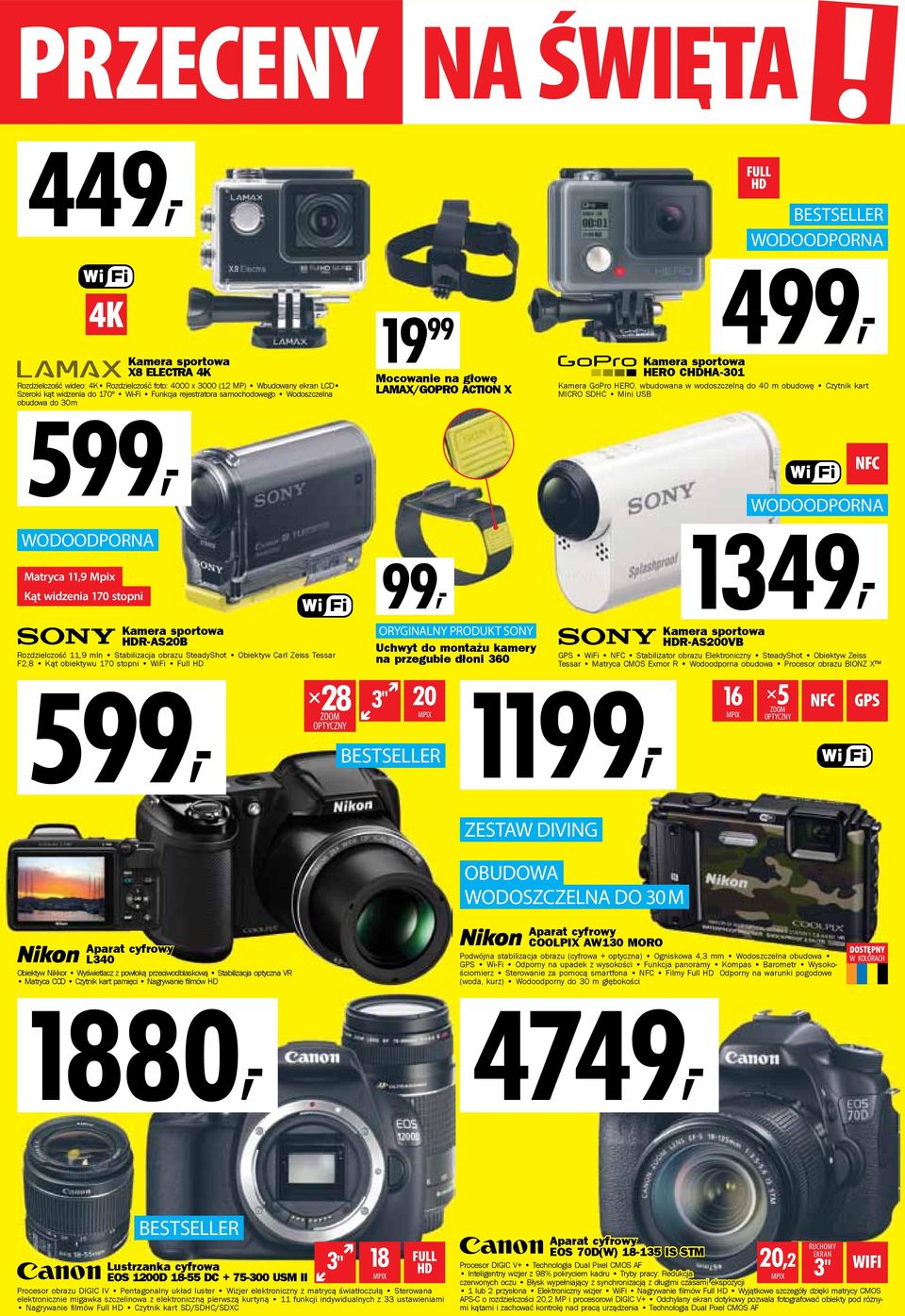 CHDHA-301 Kamera GoPro HERO, wbudowana w wodoszczelną do 40 m obudowę Czytnik kart MICRO SDHC Mini NFC WODOODPORNA 1349, Kamera sportowa HDR-AS20B Rozdzielczość 11,9 mln Stabilizacja obrazu