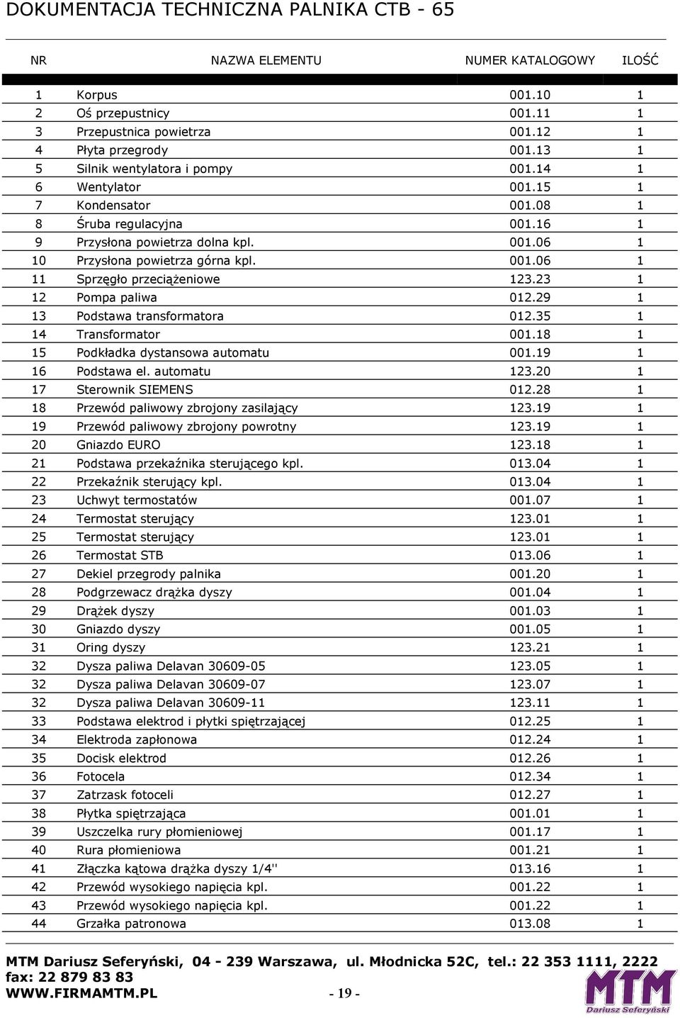 23 1 12 Pompa paliwa 012.29 1 13 Podstawa transformatora 012.35 1 14 Transformator 001.18 1 15 Podkładka dystansowa automatu 001.19 1 16 Podstawa el. automatu 123.20 1 17 Sterownik SIEMENS 012.