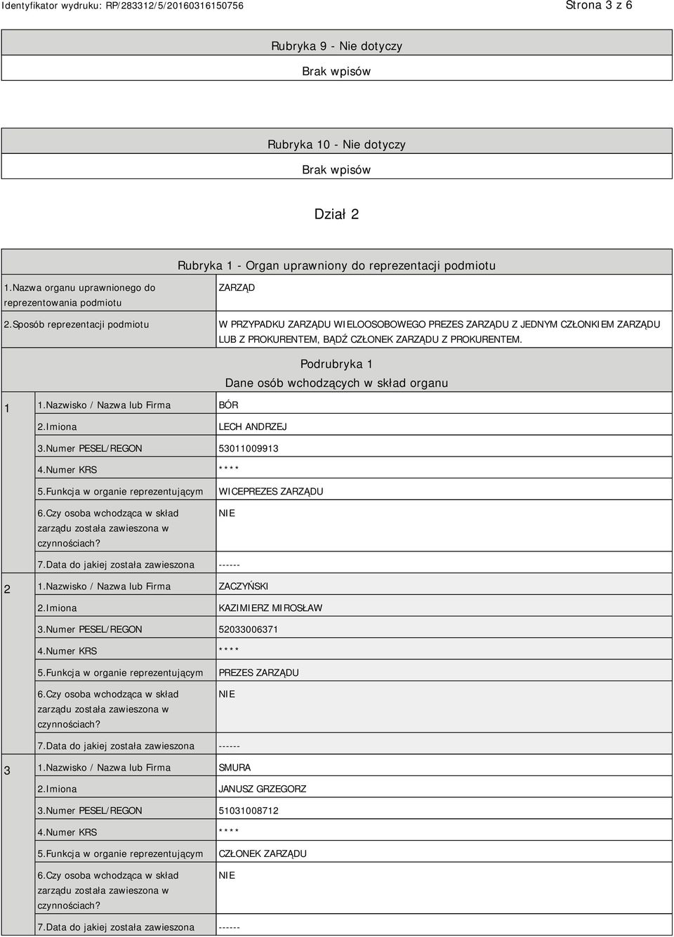 Nazwisko / Nazwa lub Firma BÓR Podrubryka 1 Dane osób wchodzących w skład organu LECH ANDRZEJ 3.Numer PESEL/REGON 53011009913 4.Numer KRS **** 5.Funkcja w organie reprezentującym 6.
