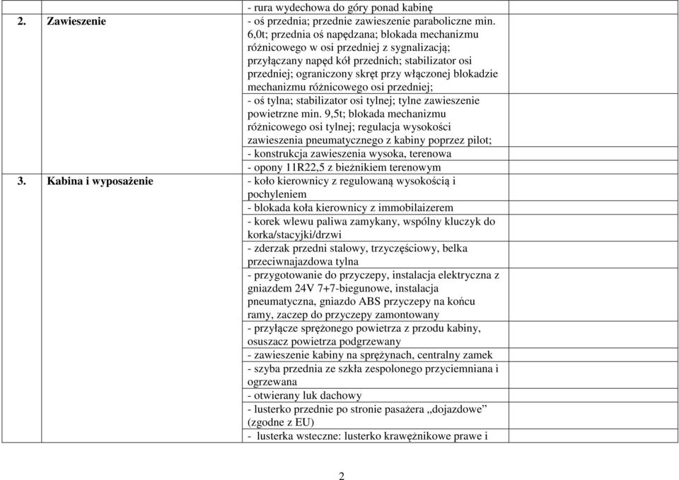 mechanizmu różnicowego osi przedniej; - oś tylna; stabilizator osi tylnej; tylne zawieszenie powietrzne min.