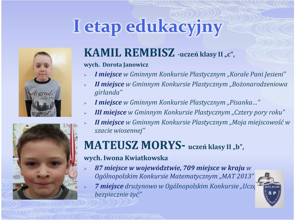 miejsce w Gminnym Konkursie Plastycznym Pisanka III miejsce w Gminnym Konkursie Plastycznym Cztery pory roku II miejsce w Gminnym Konkursie Plastycznym