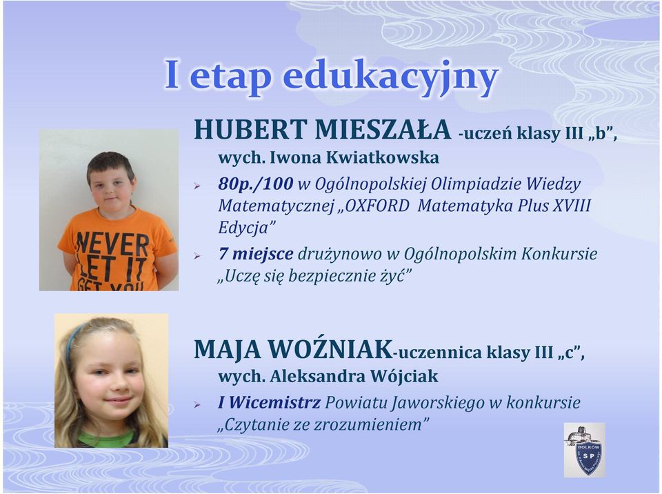 miejsce drużynowo w Ogólnopolskim Konkursie Uczę się bezpiecznie żyć MAJA WOŹNIAK-uczennica