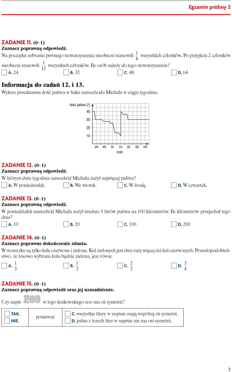 (0 1) W którym dniu tygodnia samochód Michała zużył najwięcej paliwa? A. W poniedziałek. B. We wtorek. C. W środę. D. W czwartek. Zadanie 1.