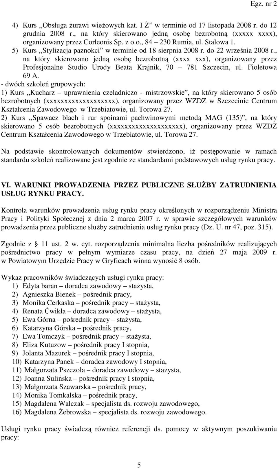 , na który skierowano jedną osobę bezrobotną (xxxx xxx), organizowany przez Profesjonalne Studio Urody Beata Krajnik, 70 781 Szczecin, ul. Fioletowa 69 A.