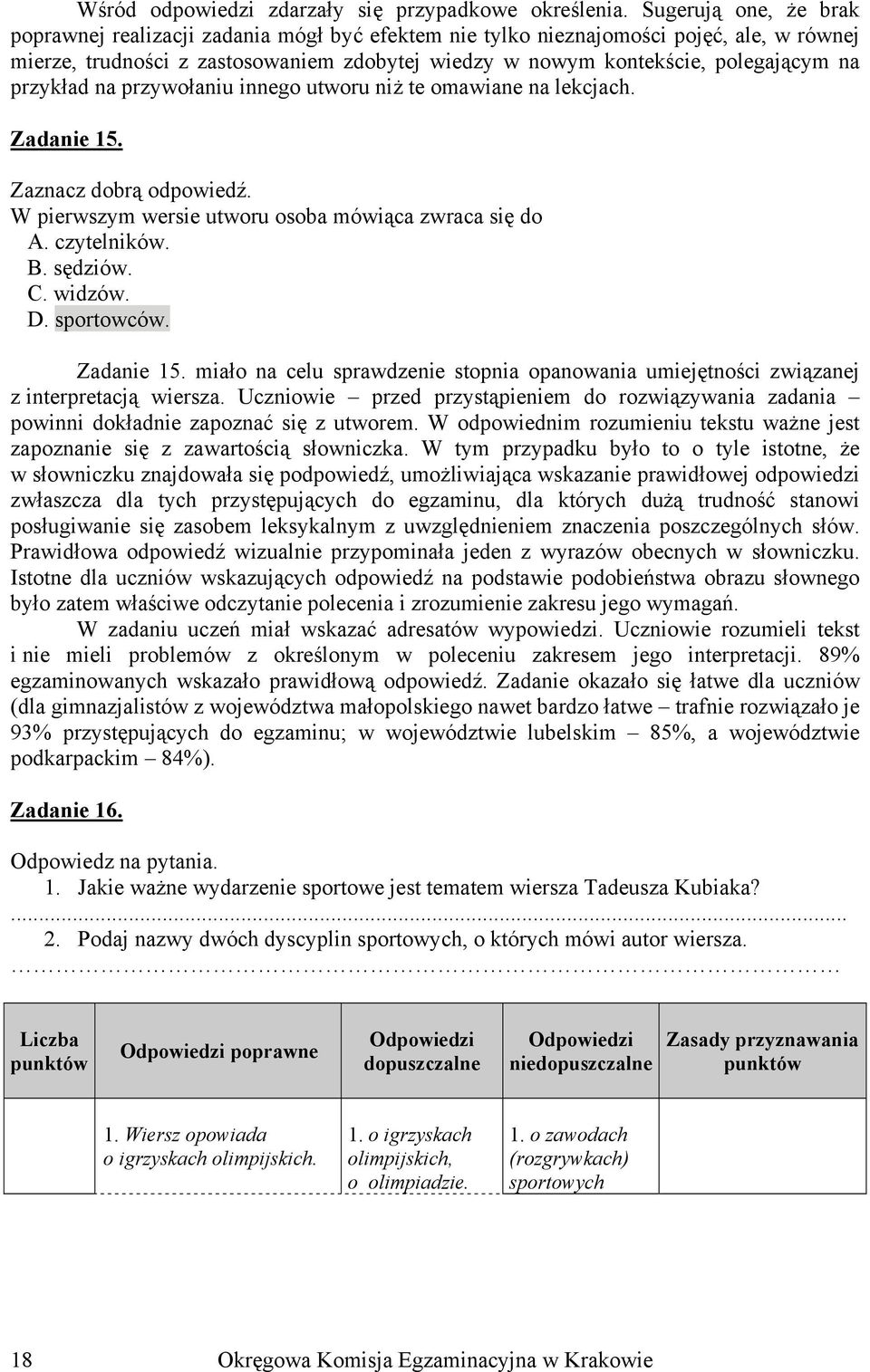 przykład na przywołaniu innego utworu niż te omawiane na lekcjach. Zadanie 15. Zaznacz dobrą odpowiedź. W pierwszym wersie utworu osoba mówiąca zwraca się do A. czytelników. B. sędziów. C. widzów. D.