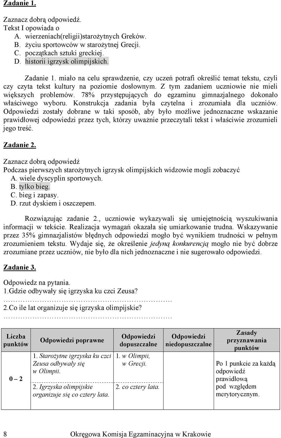 Z tym zadaniem uczniowie nie mieli większych problemów. 78% przystępujących do egzaminu gimnazjalnego dokonało właściwego wyboru. Konstrukcja zadania była czytelna i zrozumiała dla uczniów.