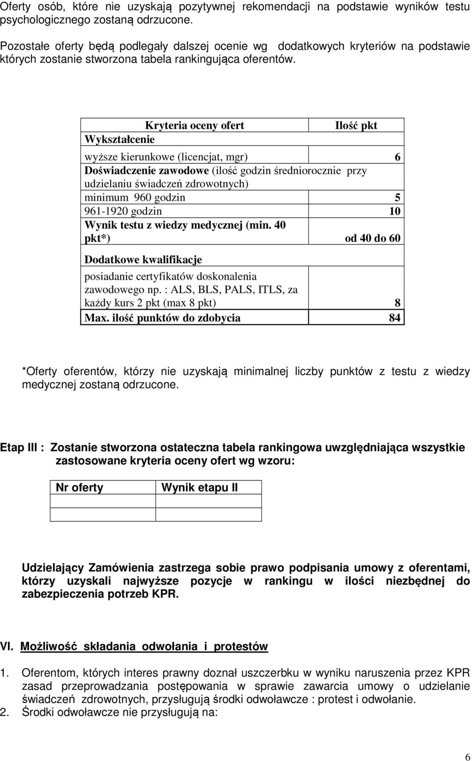 Kryteria oceny ofert Wykształcenie Ilość pkt wyższe kierunkowe (licencjat, mgr) 6 Doświadczenie zawodowe (ilość godzin średniorocznie przy udzielaniu świadczeń zdrowotnych) minimum 960 godzin 5