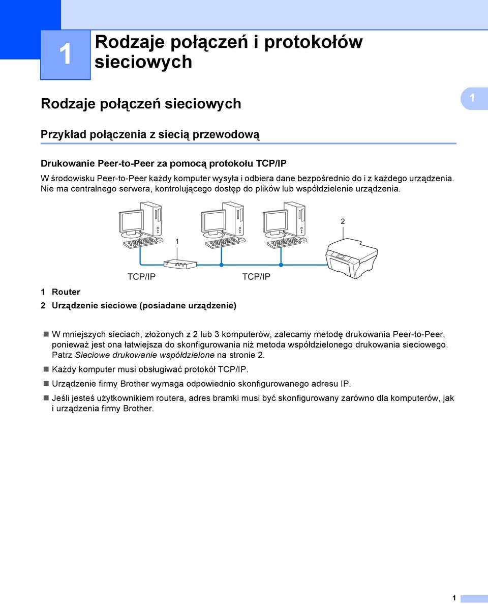 TCP/IP 1 Router 2 Urządzenie sieciowe (posiadane urządzenie) TCP/IP W mniejszych sieciach, złożonych z 2 lub 3 komputerów, zalecamy metodę drukowania Peer-to-Peer, ponieważ jest ona łatwiejsza do