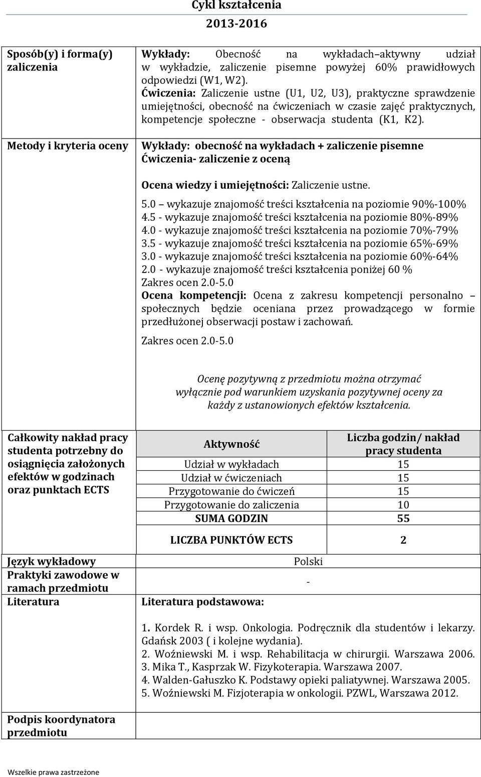 KP_K0, KP_K2) Wykłady: obecność na wykładach + zaliczenie pisemne Ćwiczenia- zaliczenie z oceną Ocena wiedzy i umiejętności: Zaliczenie ustne. 5.