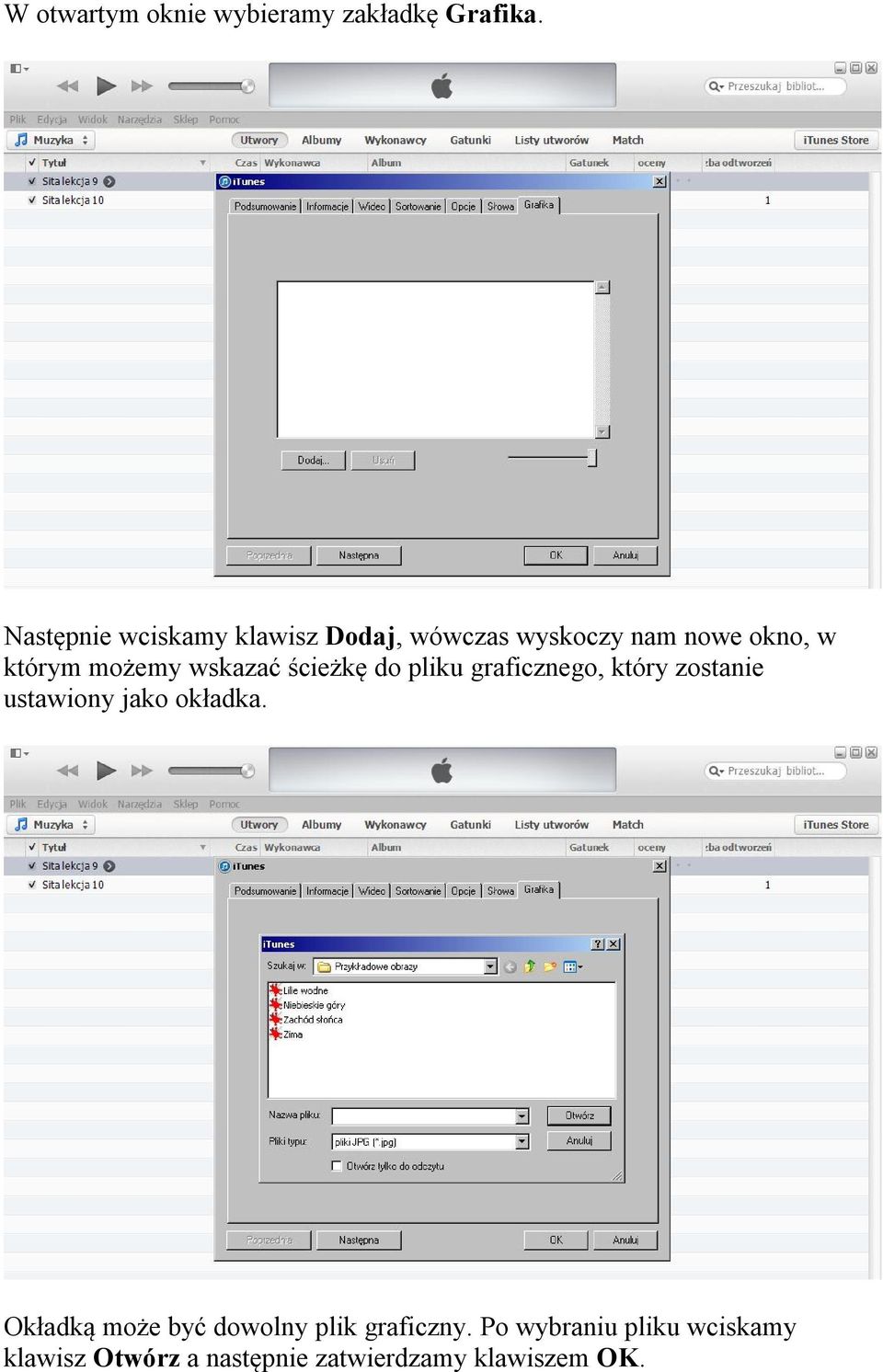 wskazać ścieżkę do pliku graficznego, który zostanie ustawiony jako okładka.