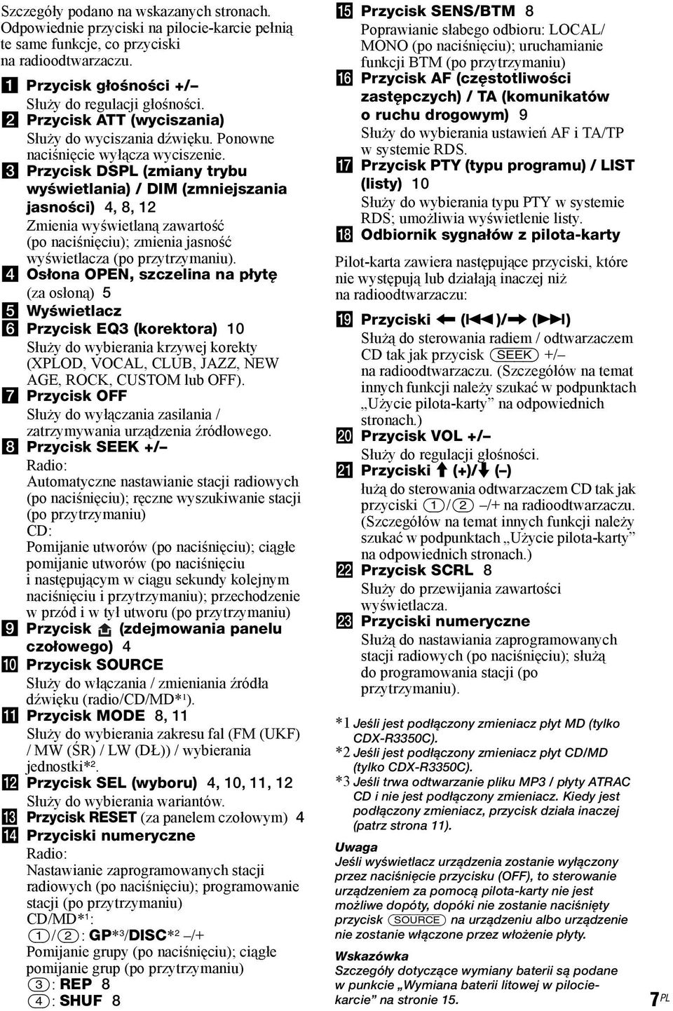 c Przycisk DSPL (zmiany trybu wyświetlania) / DIM (zmniejszania jasności) 4, 8, 12 Zmienia wyświetlaną zawartość (po naciśnięciu); zmienia jasność wyświetlacza (po przytrzymaniu).