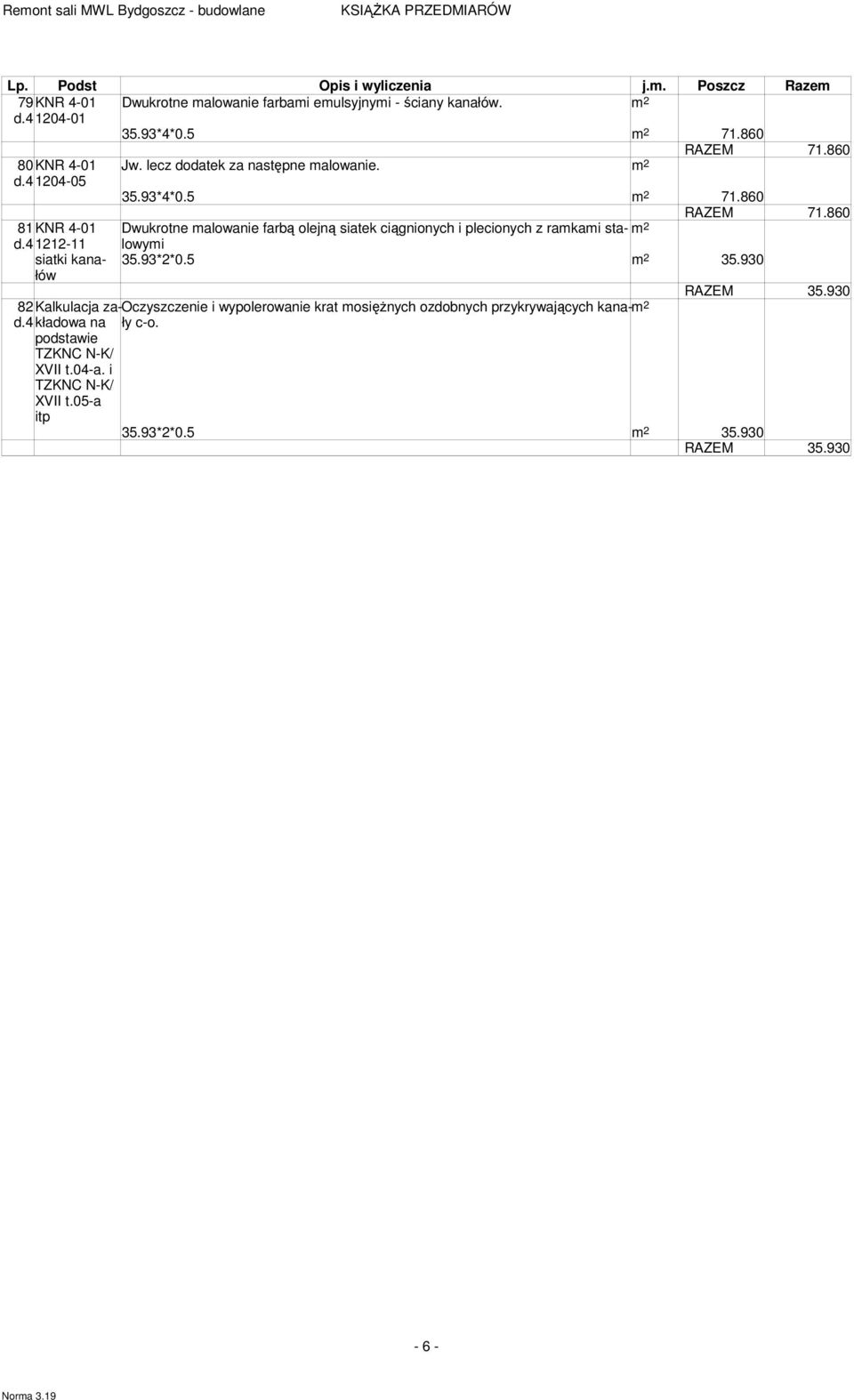 860 81KNR 4-01 Dwukrotne malowanie farbą olejną siatek ciągnionych i plecionych z ramkami stalowymi d.4 1212-11 siatki kanałów 35.93*2*0.5 35.