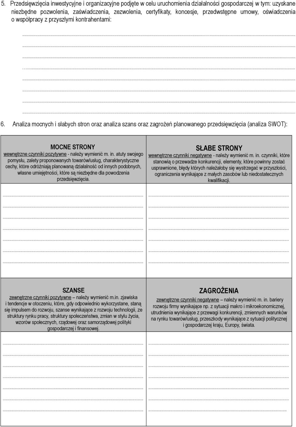 Analiza mocnych i słabych stron oraz analiza szans oraz zagrożeń planowanego przedsięwzięcia (analiza SWOT): MOCNE STRONY wewnętrzne czynniki pozytywne - należy wymienić m. in.