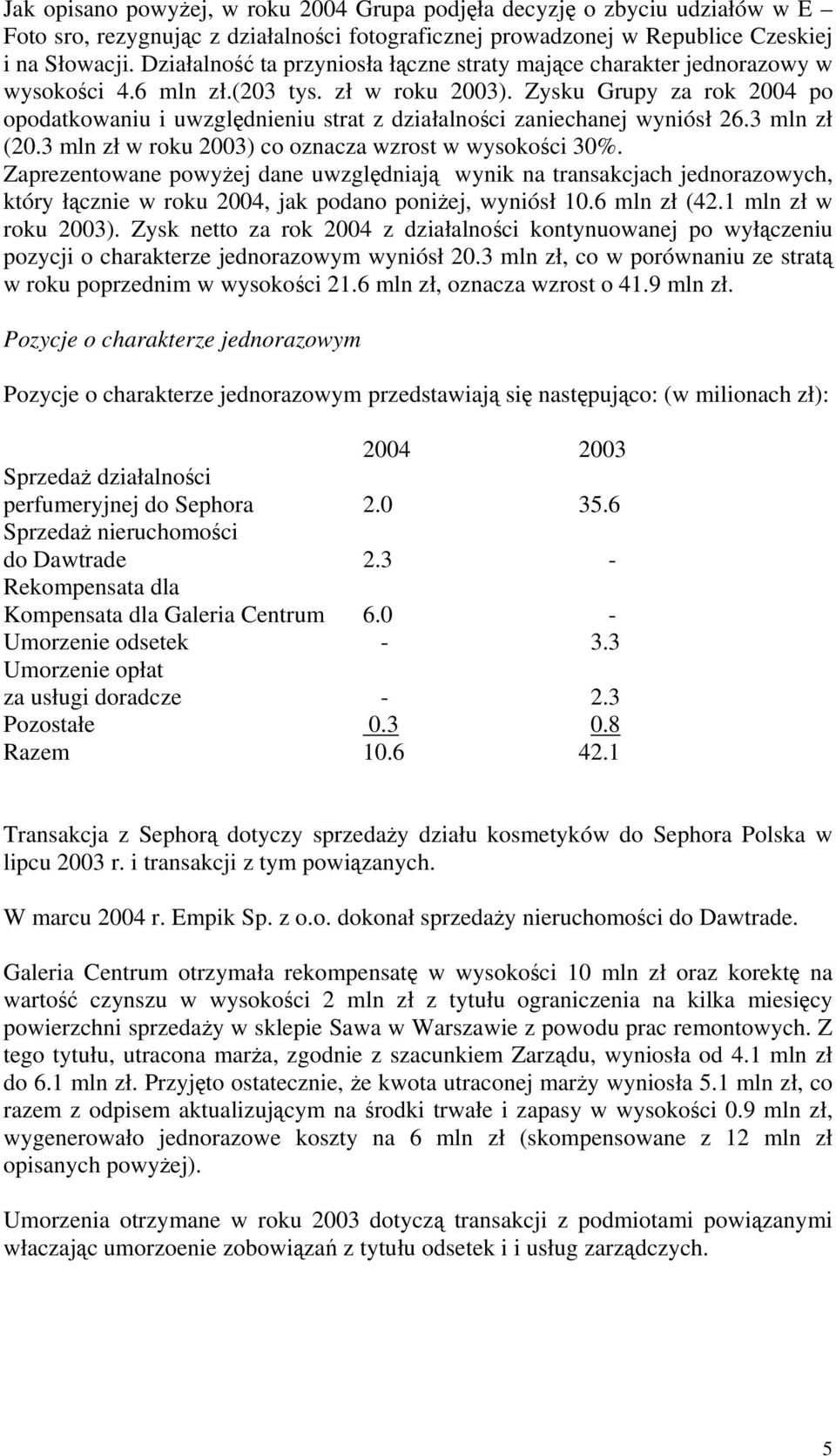 Zysku Grupy za rok 2004 po opodatkowaniu i uwzględnieniu strat z działalności zaniechanej wyniósł 26.3 mln zł (20.3 mln zł w roku 2003) co oznacza wzrost w wysokości 30%.