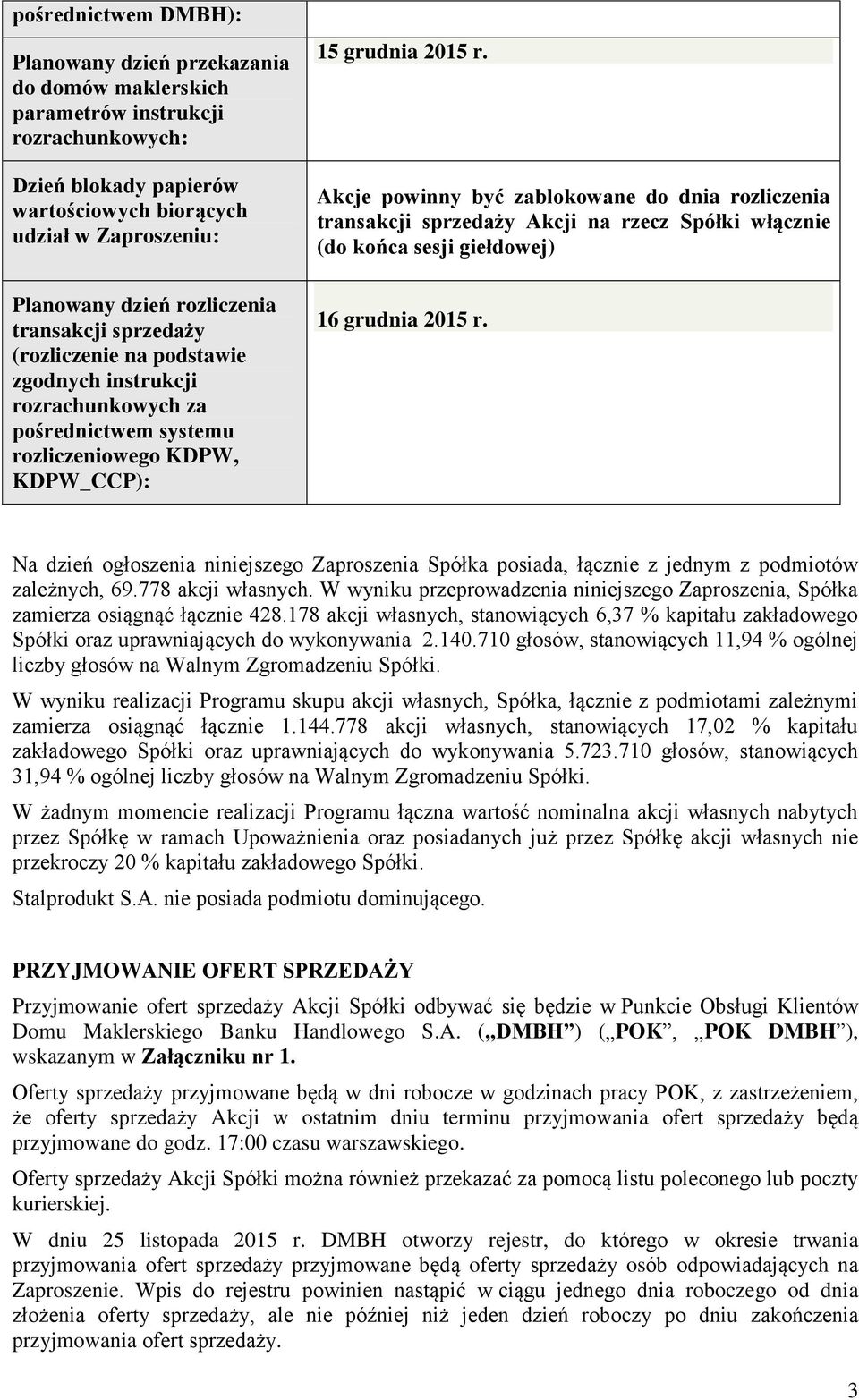 Akcje powinny być zablokowane do dnia rozliczenia transakcji sprzedaży Akcji na rzecz Spółki włącznie (do końca sesji giełdowej) 16 grudnia 2015 r.