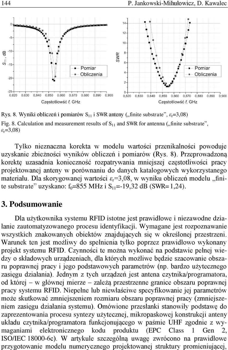 Calculation and measurement results of S 11 and SWR for antenna ( finite substrate, ε r =3,08) Tylko nieznaczna korekta w modelu wartości przenikalności powoduje uzyskanie zbieżności wyników obliczeń