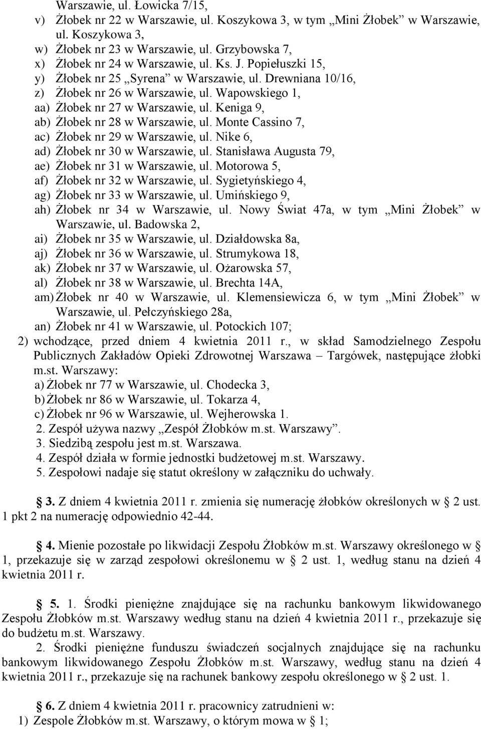 Wapowskiego 1, aa) Żłobek nr 27 w Warszawie, ul. Keniga 9, ab) Żłobek nr 28 w Warszawie, ul. Monte Cassino 7, ac) Żłobek nr 29 w Warszawie, ul. Nike 6, ad) Żłobek nr 30 w Warszawie, ul.