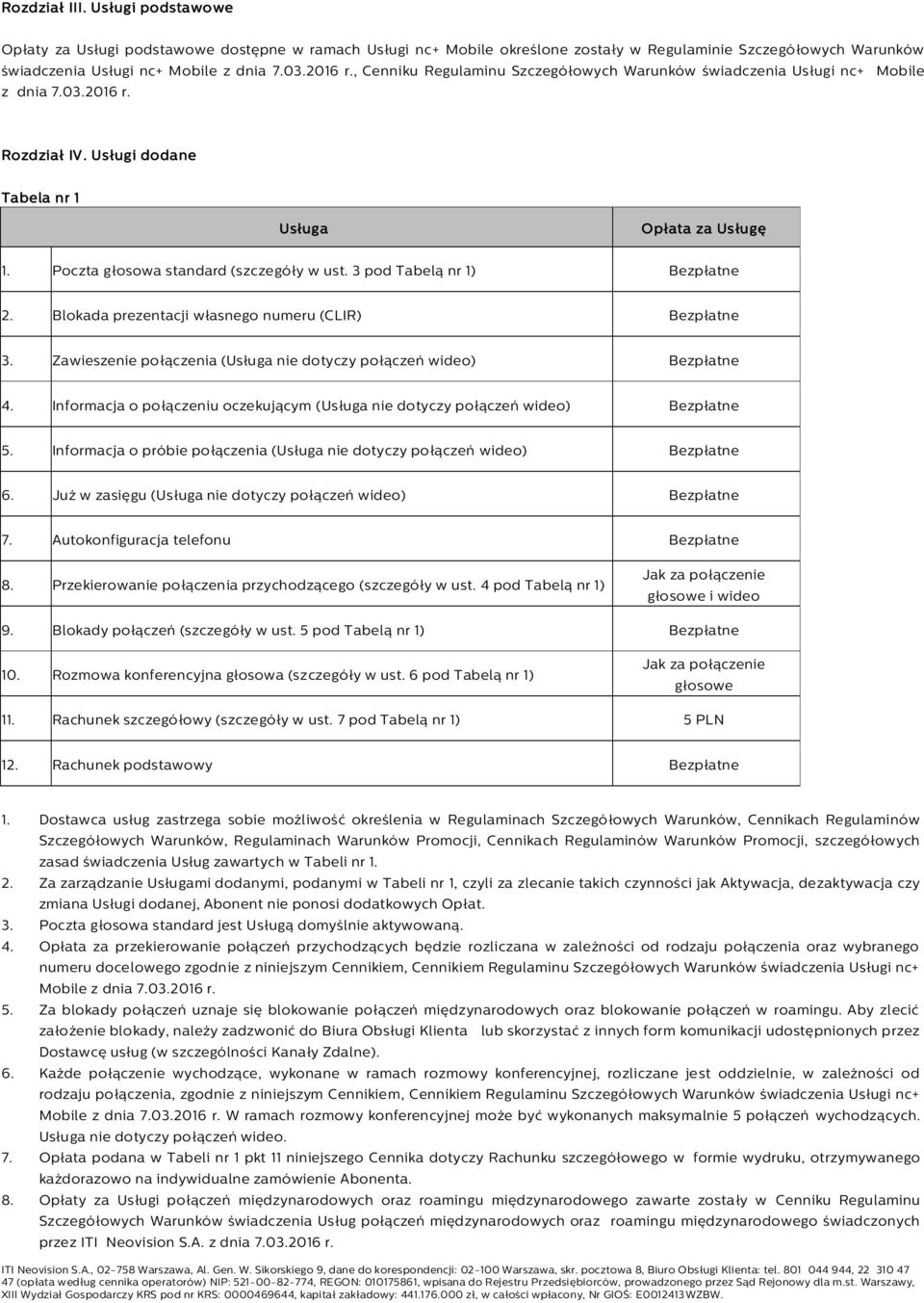 Poczta głosowa standard (szczegóły w ust. 3 pod Tabelą nr 1) 2. Blokada prezentacji własnego numeru (CLIR) 3. Zawieszenie połączenia (Usługa nie dotyczy połączeń wideo) 4.