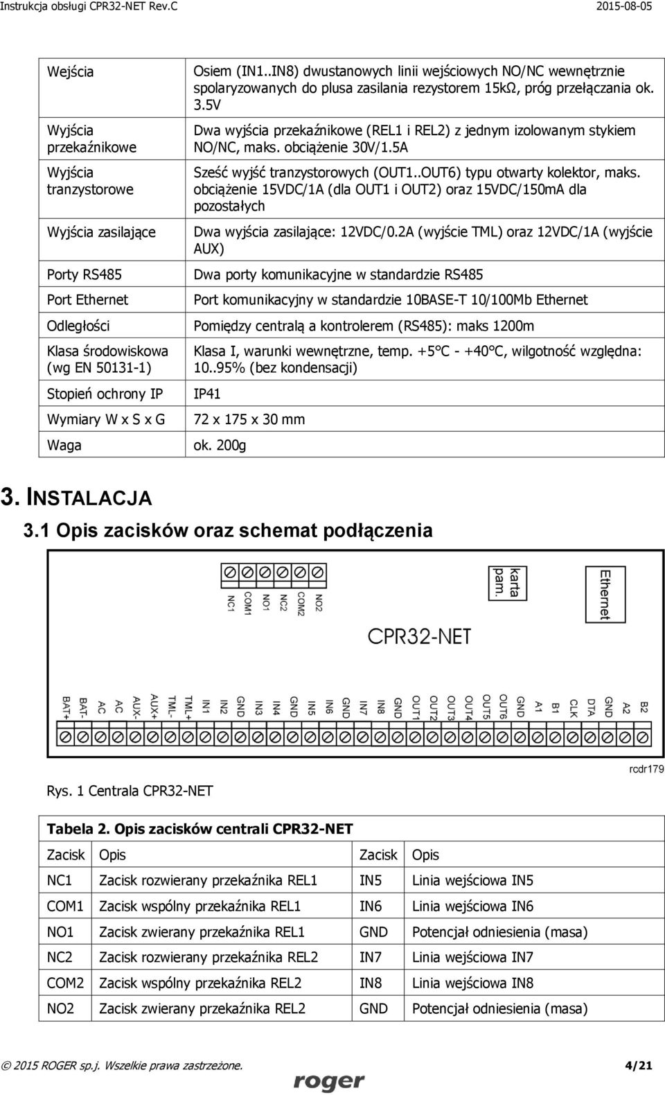 5V Dwa wyjścia przekaźnikowe (REL1 i REL2) z jednym izolowanym stykiem NO/NC, maks. obciążenie 30V/1.5A Sześć wyjść tranzystorowych (OUT1..OUT6) typu otwarty kolektor, maks.