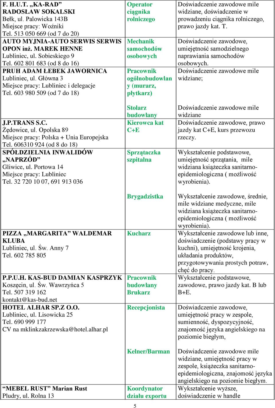 Opolska 89 Miejsce pracy: Polska + Unia Europejska Tel. 606310 924 (od 8 do 18) SPÓŁDZIELNIA INWALIDÓW NAPRZÓD Gliwice, ul. Portowa 14 Miejsce pracy: Lubliniec Tel.