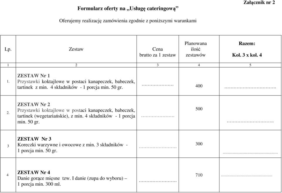 ZESTAW Nr 1 Przystawki koktajlowe w postaci kanapeczek, babeczek, tartinek z min. 4 składników - 1 porcja min. 50 gr. 400. 2.