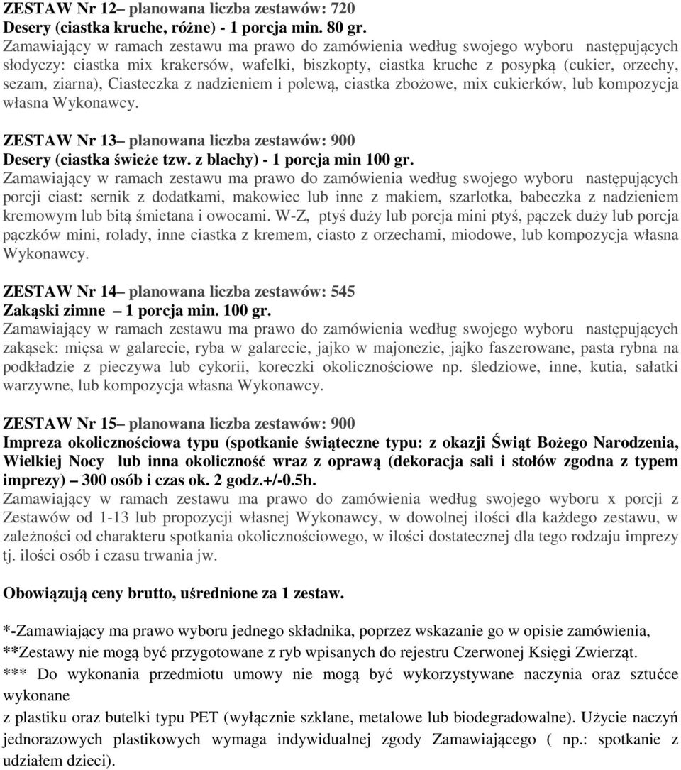 Wykonawcy. ZESTAW Nr 13 planowana liczba zestawów: 900 Desery (ciastka świeże tzw. z blachy) - 1 porcja min 100 gr.