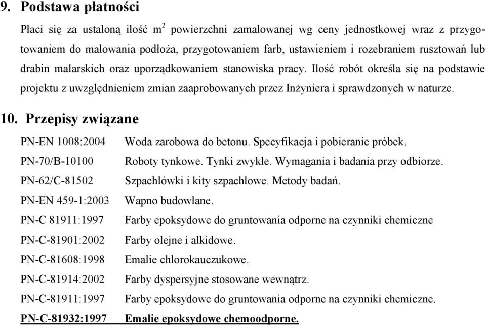 Przepisy związane PN-EN 1008:2004 Woda zarobowa do betonu. Specyfikacja i pobieranie próbek. PN-70/B-10100 Roboty tynkowe. Tynki zwykłe. Wymagania i badania przy odbiorze.