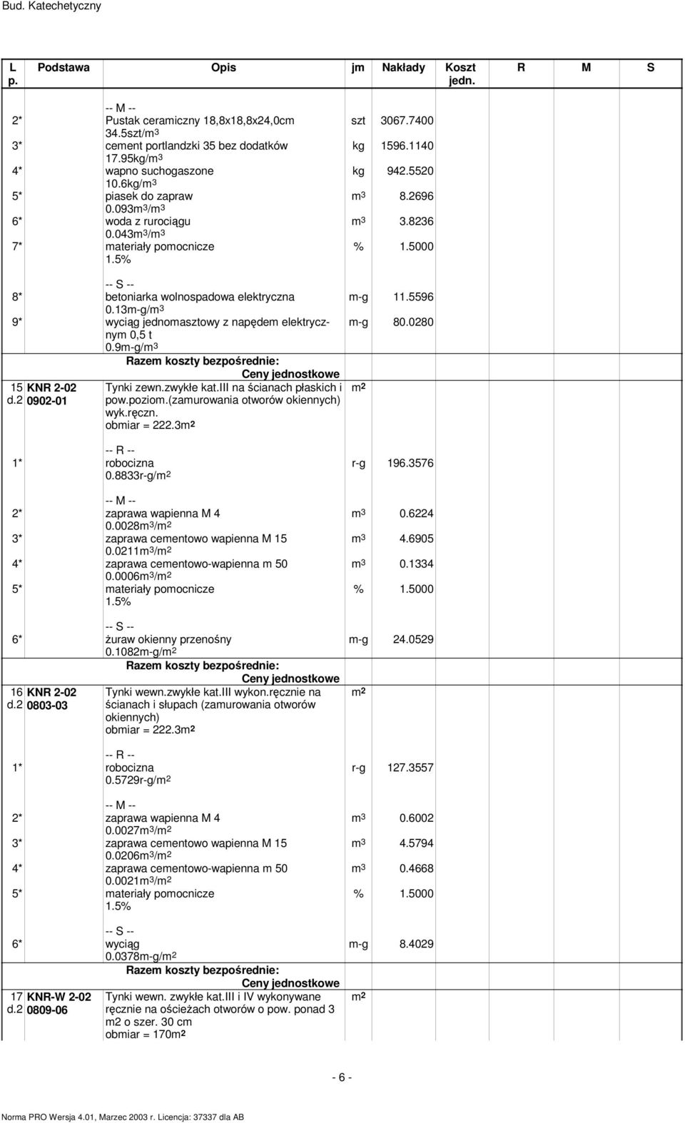 13m-g/m 3 9* wyciąg jednomasztowy z napędem elektrycznym m-g 8.28,5 t.9m-g/m 3 15 KNR 2-2 d.2 92-1 Tynki zewn.zwykłe kat.iii na ścianach płaskich i pow.poziom.(zamurowania otworów okiennych) wyk.