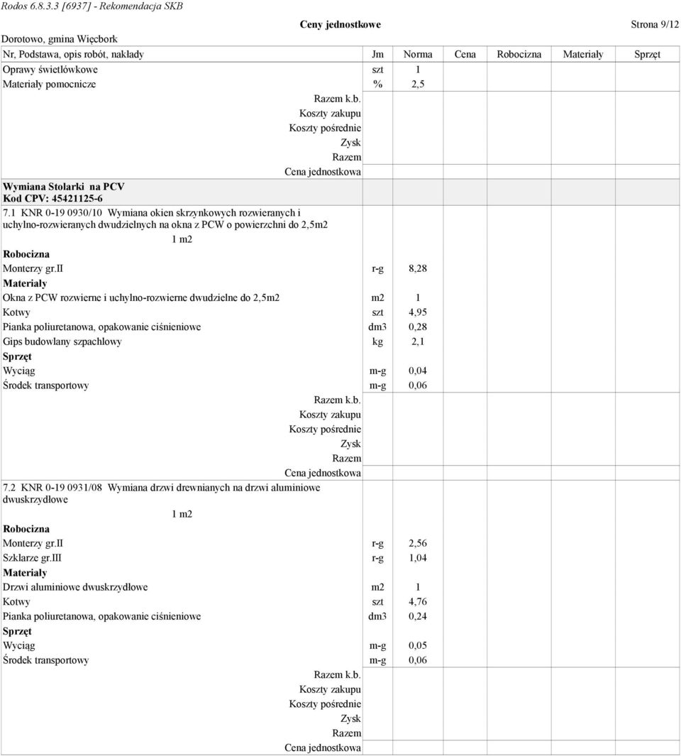 ii r-g 8,28 Okna z PCW rozwierne i uchylno-rozwierne dwudzielne do 2,5m2 m2 1 Kotwy szt 4,95 Pianka poliuretanowa, opakowanie ciśnieniowe dm3 0,28 Gips budowlany szpachlowy kg 2,1 Wyciąg m-g 0,04