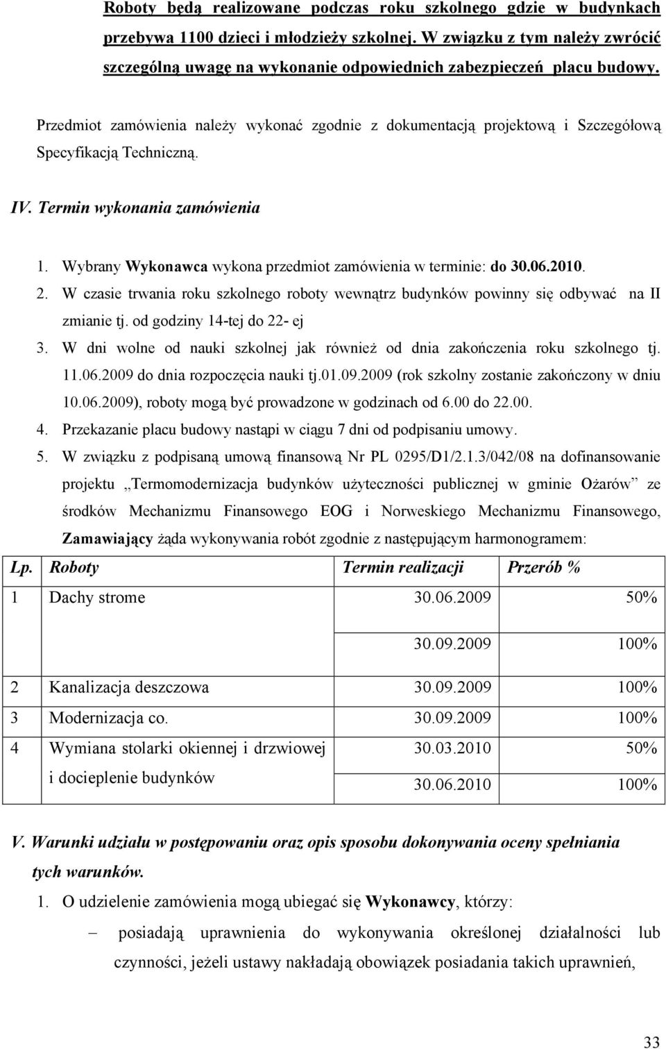 Przedmiot zamówienia należy wykonać zgodnie z dokumentacją projektową i Szczegółową Specyfikacją Techniczną. IV. Termin wykonania zamówienia 1.