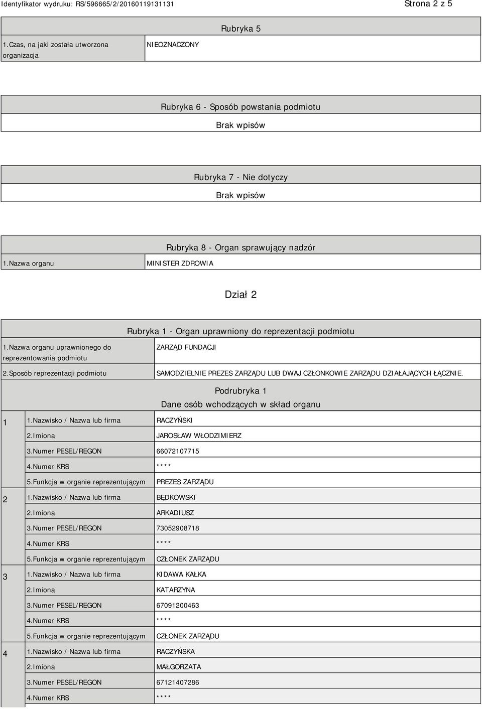 Sposób reprezentacji podmiotu ZARZĄD FUNDACJI SAMODZIELNIE PREZES ZARZĄDU LUB DWAJ CZŁONKOWIE ZARZĄDU DZIAŁAJĄCYCH ŁĄCZNIE. 1 1.