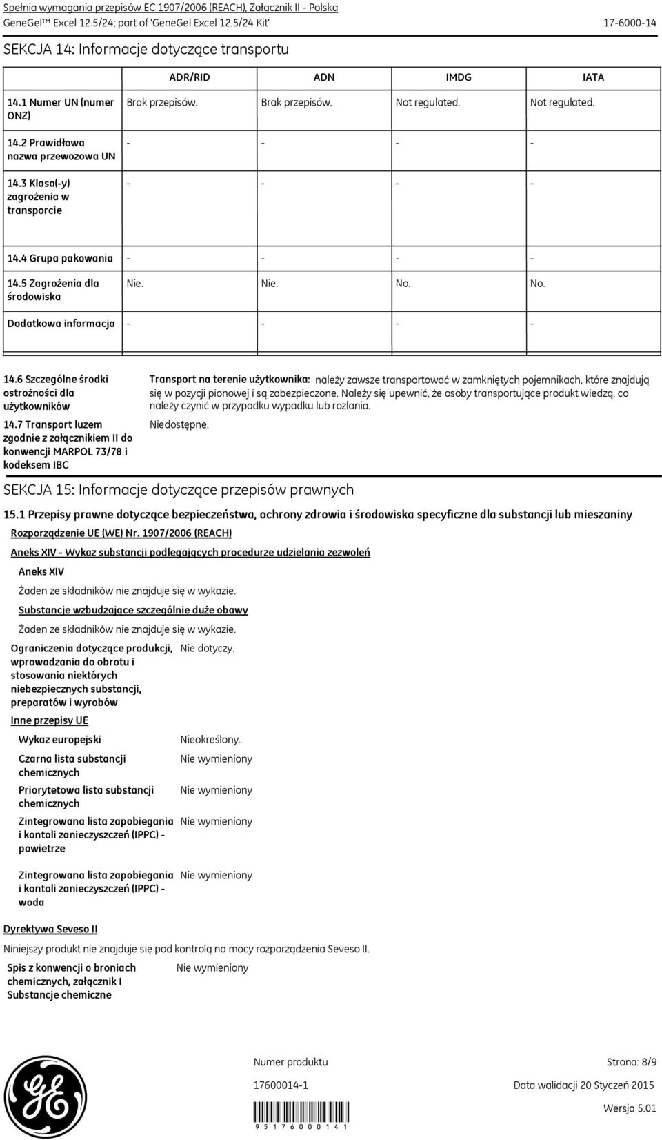 3 Klasa(y) zagrożenia w transporcie 14.4 Grupa pakowania 14.5 Zagrożenia dla środowiska Dodatkowa informacja Nie. Nie. No. No. 14.6 Szczególne środki ostrożności dla użytkowników 14.