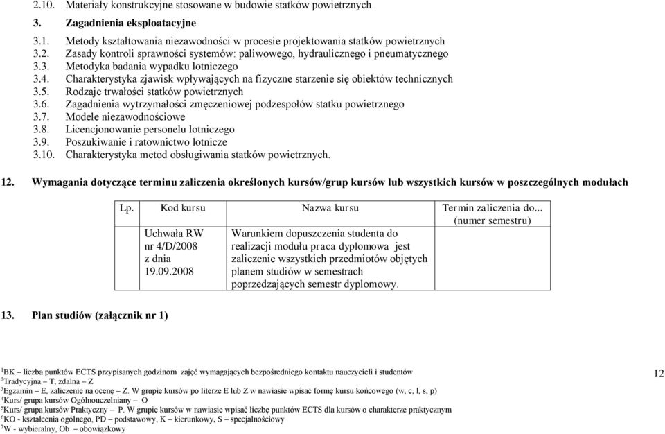 . Zagadnienia wytrzymałości zmęczeniowej podzespołów statku powietrznego.7. Modele niezawodnościowe.8. Licencjonowanie personelu lotniczego.9. Poszukiwanie i ratownictwo lotnicze.10.