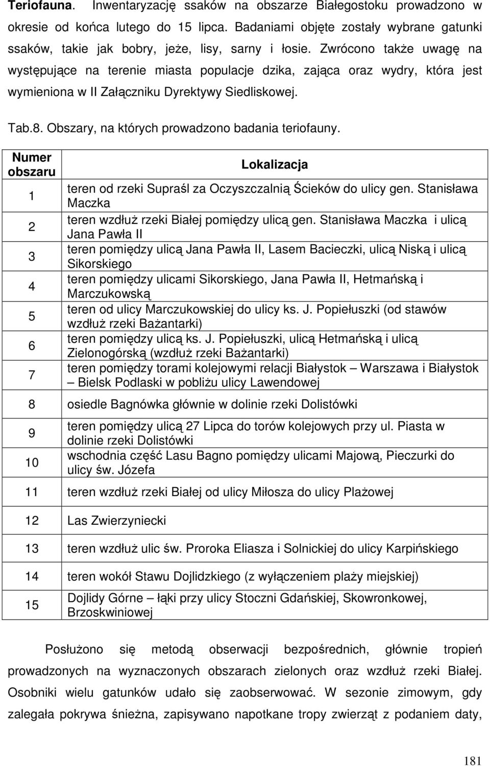 Zwrócono także uwagę na występujące na terenie miasta populacje dzika, zająca oraz wydry, która jest wymieniona w II Załączniku Dyrektywy Siedliskowej. Tab.8.