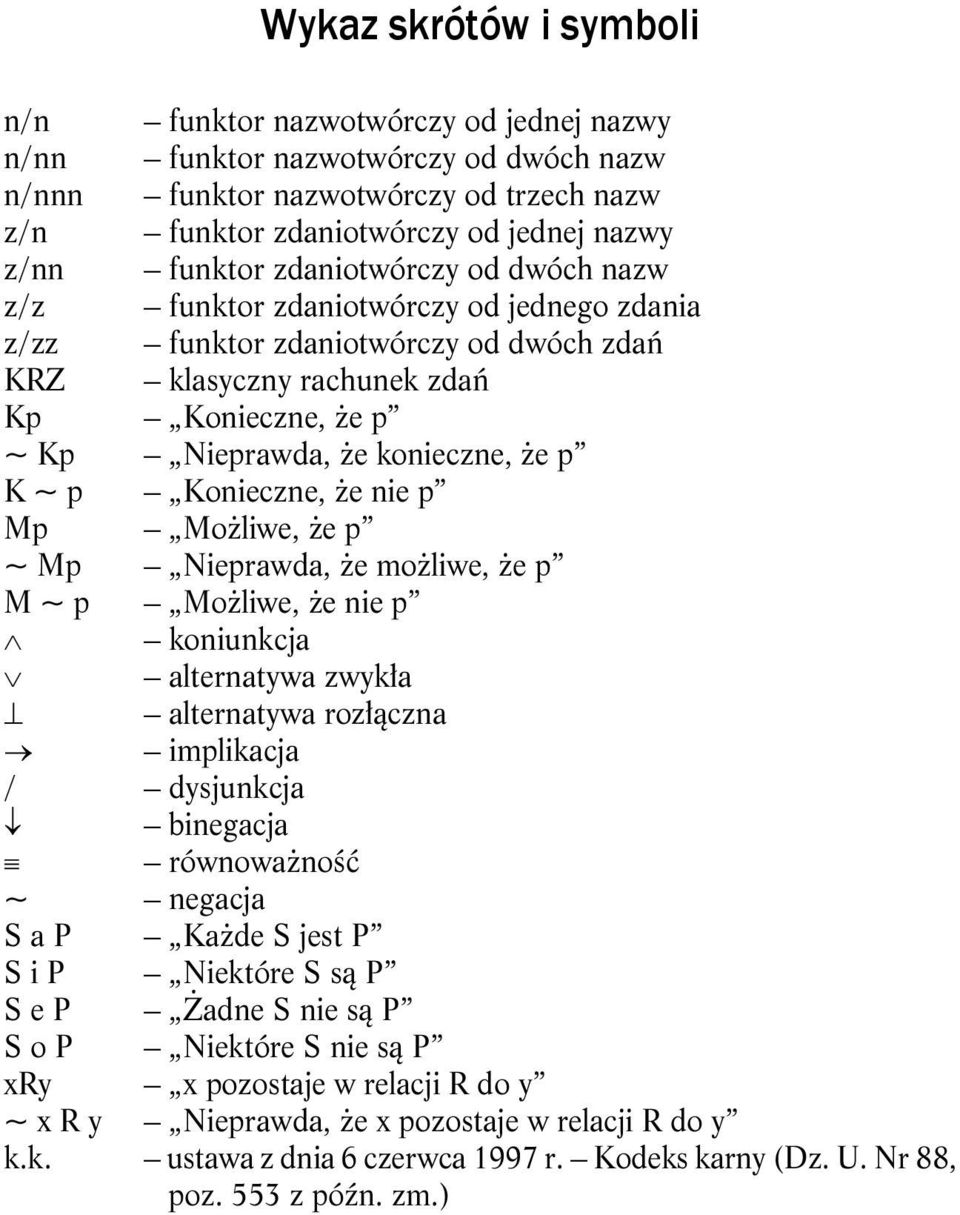 że p K ~ p Konieczne, że nie p Mp Możliwe, że p ~ Mp Nieprawda, że możliwe, że p M ~ p Możliwe, że nie p koniunkcja alternatywa zwykła alternatywa rozłączna implikacja / dysjunkcja binegacja