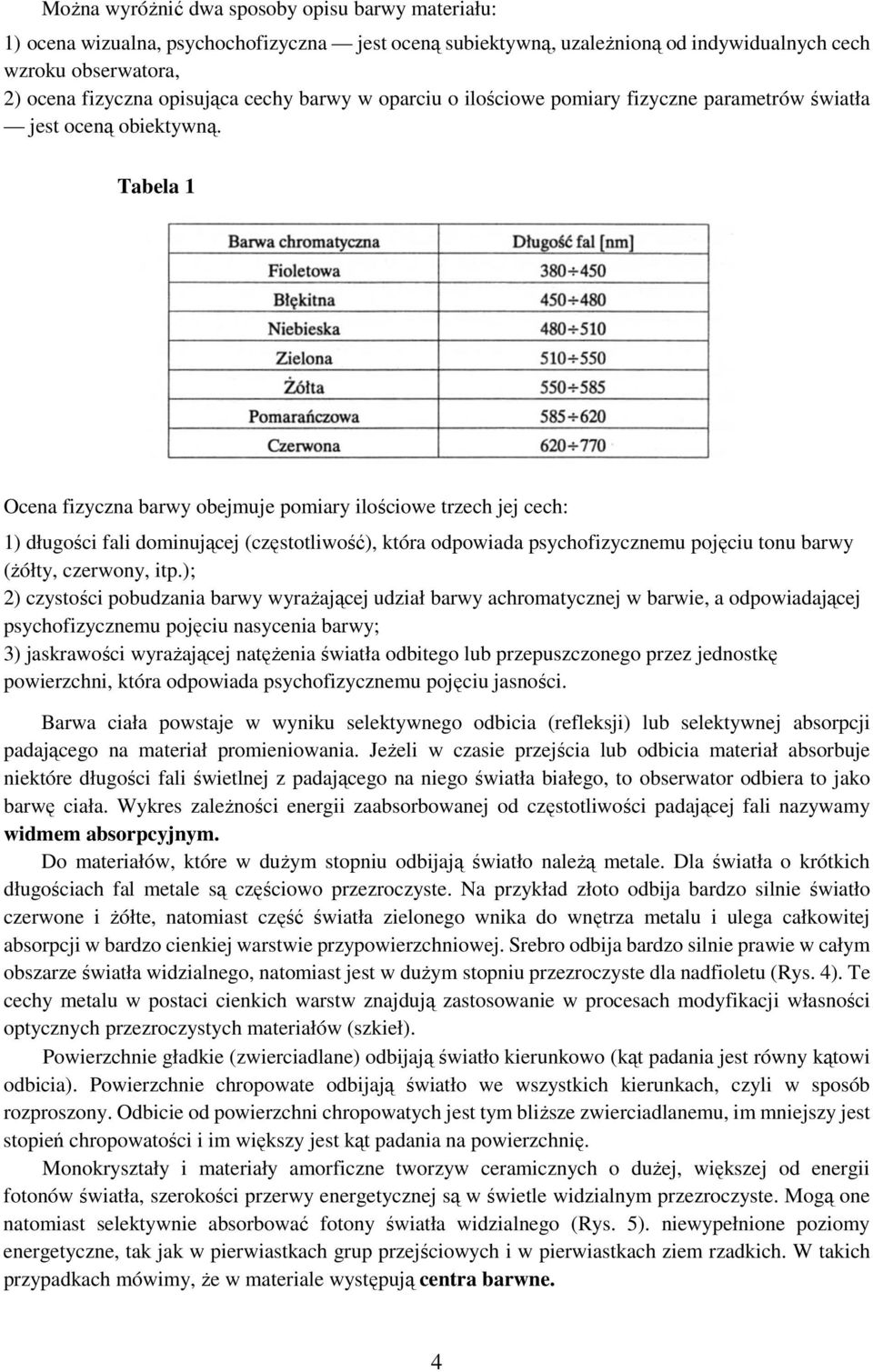 Tabela 1 Ocena fizyczna barwy obejmuje pomiary ilościowe trzech jej cech: 1) długości fali dominującej (częstotliwość), która odpowiada psychofizycznemu pojęciu tonu barwy (żółty, czerwony, itp.