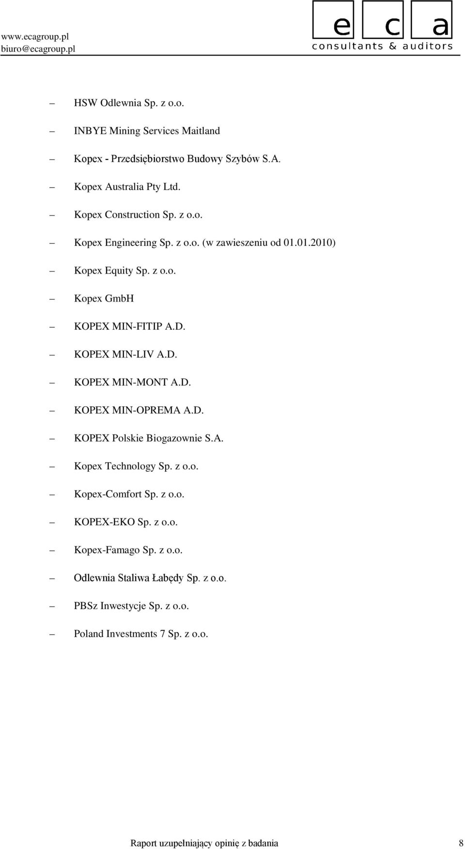 D. KOPEX MINOPREMA A.D. KOPEX Polskie Biogazownie S.A. Kopex Technology Sp. z o.o. KopexComfort Sp. z o.o. KOPEXEKO Sp. z o.o. KopexFamago Sp.