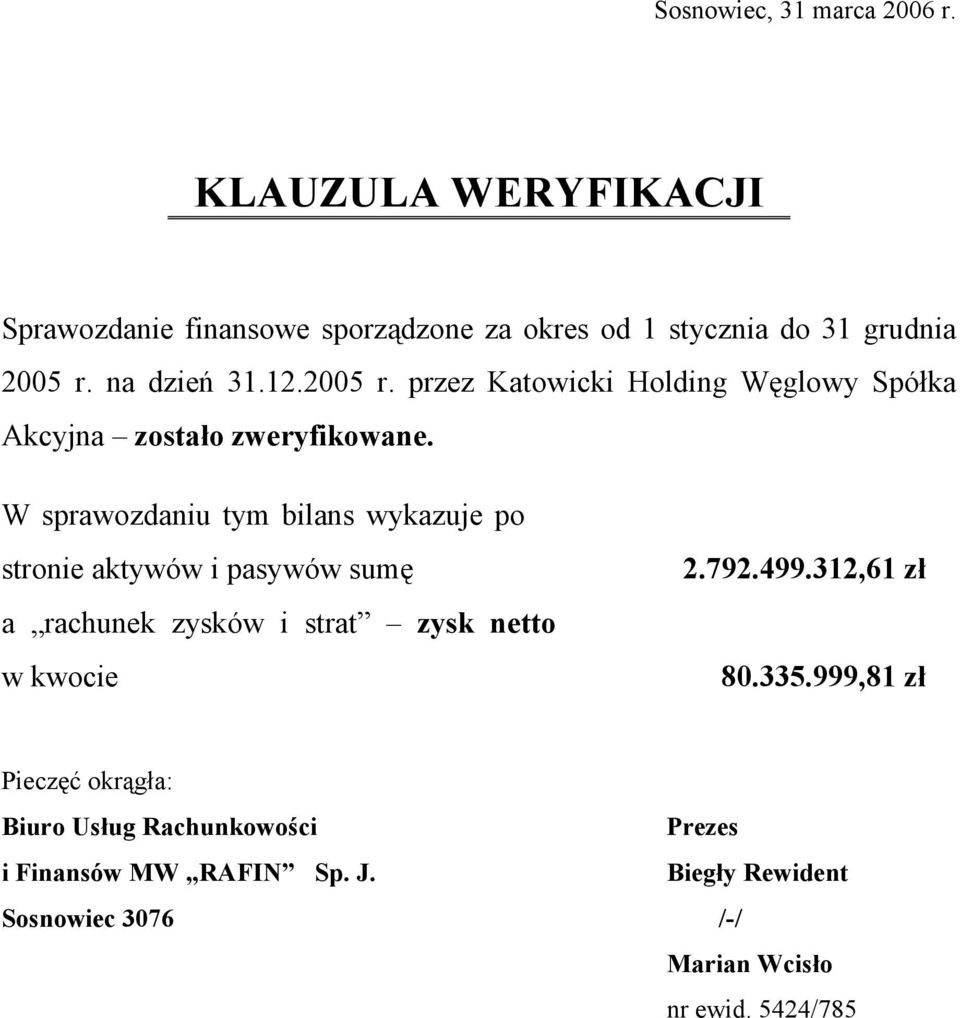 W sprawozdaniu tym bilans wykazuje po stronie aktywów i pasywów sumę a rachunek zysków i strat zysk netto w kwocie 2.792.499.