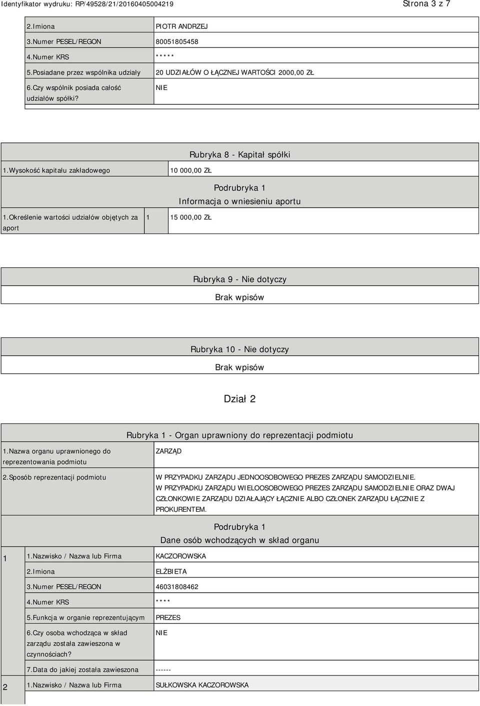 Określenie wartości udziałów objętych za aport 1 15 000,00 ZŁ Rubryka 9 - Nie dotyczy Rubryka 10 - Nie dotyczy Dział 2 Rubryka 1 - Organ uprawniony do reprezentacji podmiotu 1.