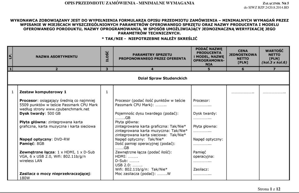 NAZWA ASORTYMENTU ILOŚĆ PARAMETRY SPRZETU PROPONOWANEGO PRZEZ OFERENTA PODAĆ NAZWĘ PRODUCENTA i MODEL, NAZWĘ OPROGRAMOWA- NIA CENA JEDNOSTKOWA NETTO [PLN] WARTOŚĆ NETTO [PLN] (kol.3 x kol.