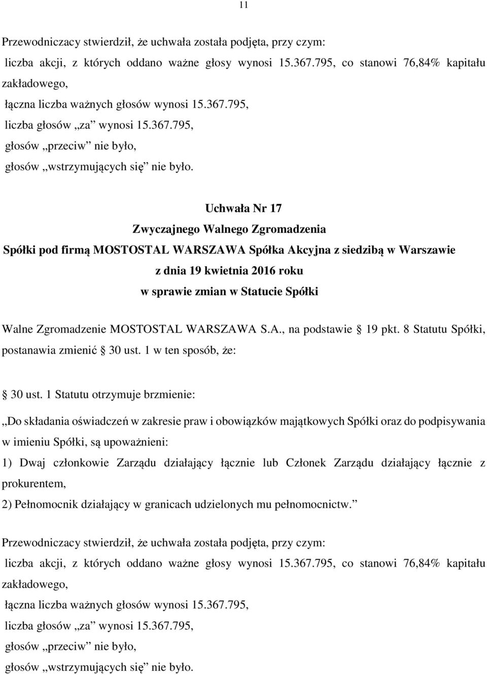 1 Statutu otrzymuje brzmienie: Do składania oświadczeń w zakresie praw i obowiązków majątkowych Spółki oraz do podpisywania w imieniu Spółki, są upoważnieni: 1)