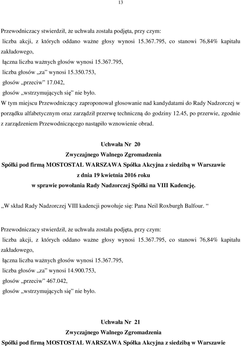 godziny 12.45, po przerwie, zgodnie z zarządzeniem Przewodniczącego nastąpiło wznowienie obrad.