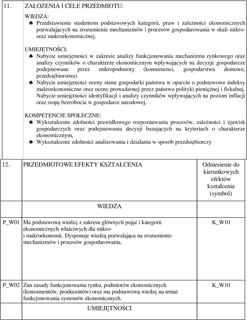 UMIEJĘTNOŚCI: Nabycie umiejętności w zakresie analizy funkcjonowania mechanizmu rynkowego oraz analizy czynników o charakterze ekonomicznym wpływających na decyzje gospodarcze podejmowane przez