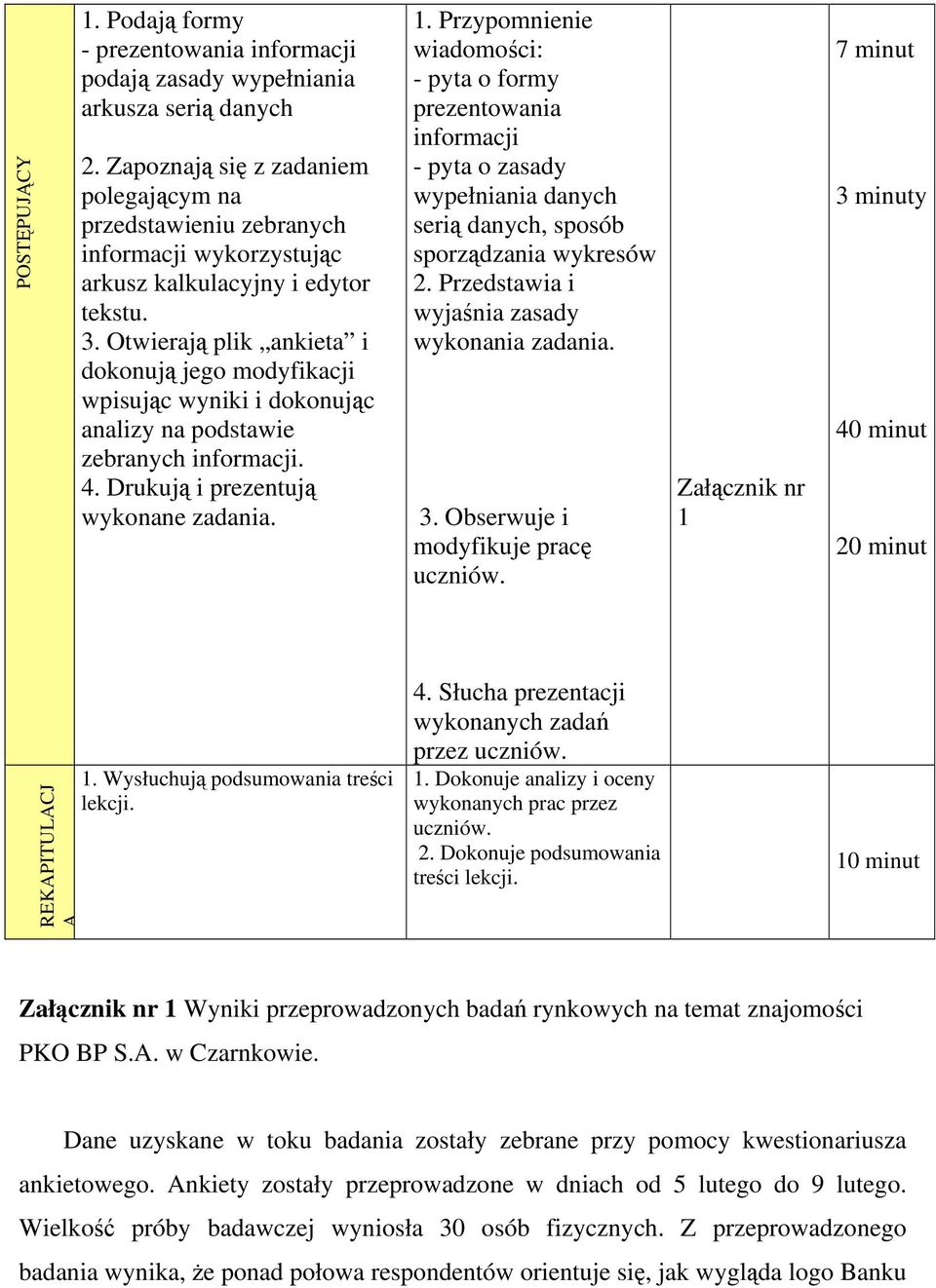 Otwierają plik ankieta i dokonują jego modyfikacji wpisując wyniki i dokonując analizy na podstawie zebranych informacji. 4. Drukują i prezentują wykonane zadania. 1.