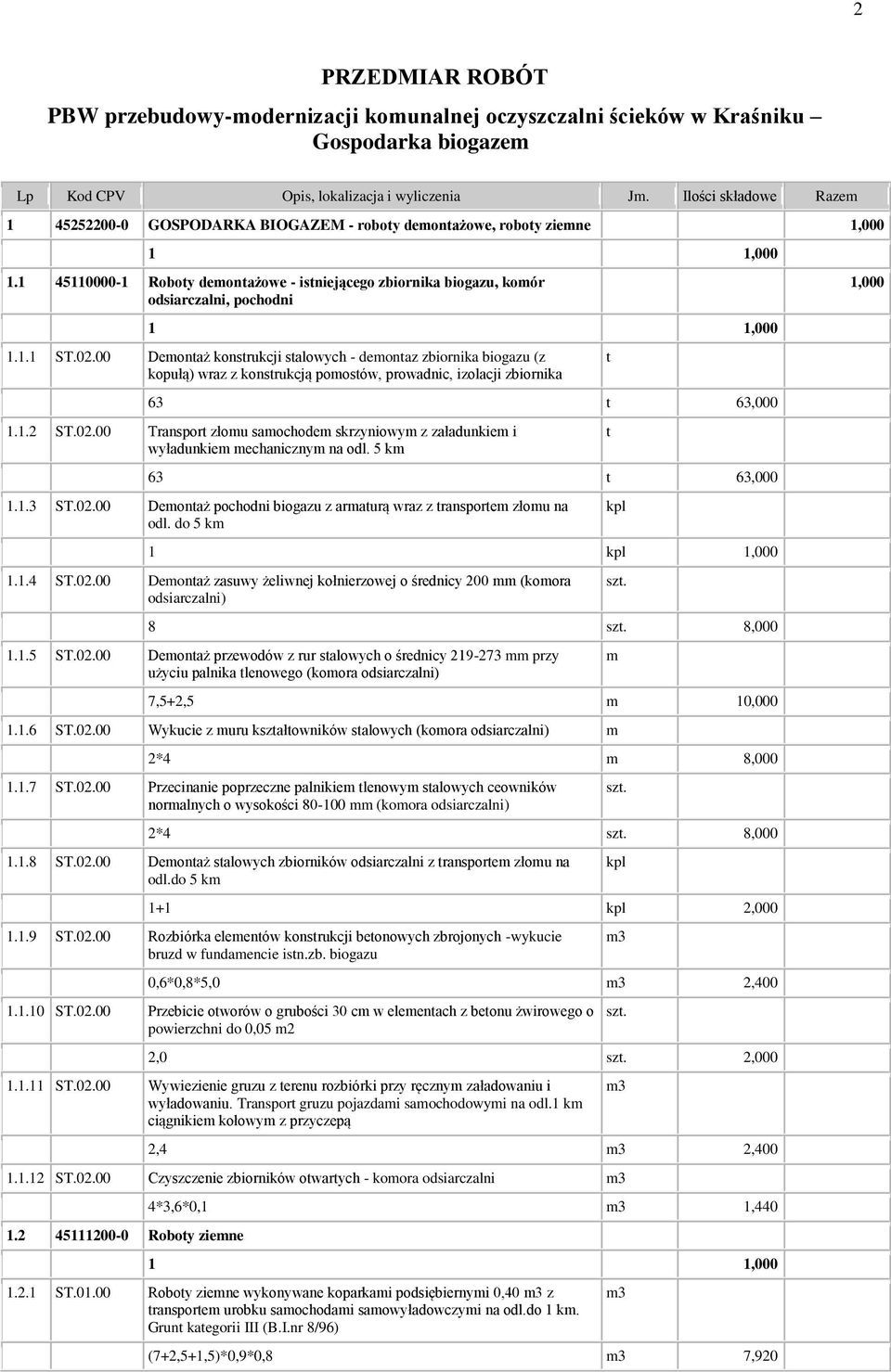 02.00 Deontaż konstrukcji stalowych - deontaz zbiornika biogazu (z kopułą) wraz z konstrukcją poostów, prowadnic, izolacji zbiornika t 63 t 63,000 1.1.2 ST.02.00 Transport złou saochode skrzyniowy z załadunkie i wyładunkie echaniczny na odl.