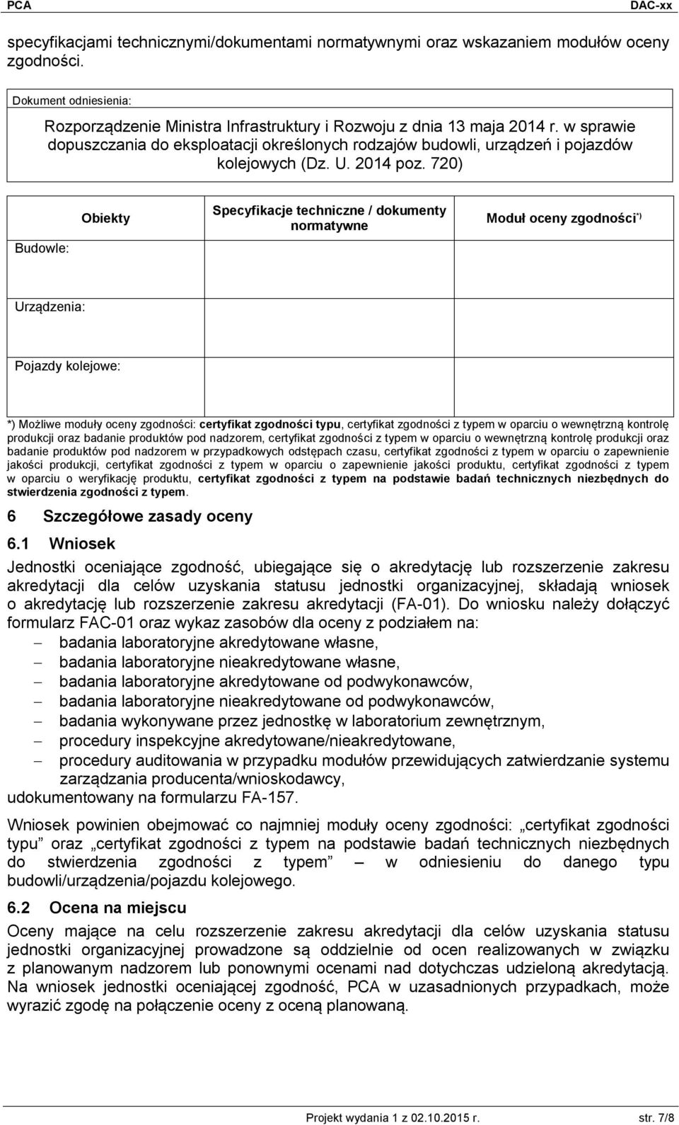 720) Budowle: Obiekty Specyfikacje techniczne / dokumenty normatywne Moduł oceny zgodności *) Urządzenia: Pojazdy kolejowe: *) Możliwe moduły oceny zgodności: certyfikat zgodności typu, certyfikat