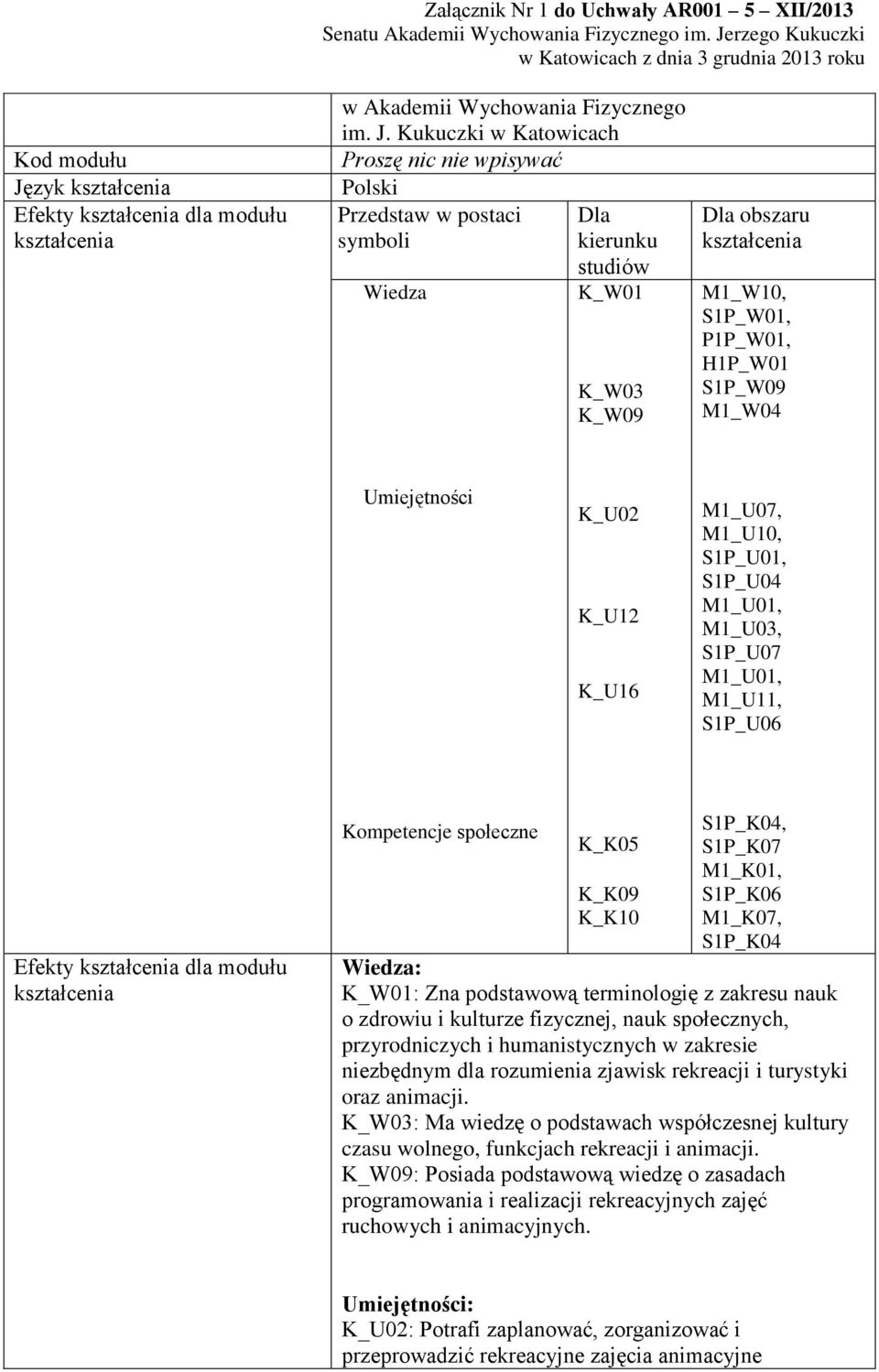 Kukuczki w Katowicach Proszę nic nie wpisywać Polski Przedstaw w postaci Dla symboli kierunku studiów Wiedza K_W01 K_W03 K_W09 Dla obszaru kształcenia M1_W10, S1P_W01, P1P_W01, H1P_W01 S1P_W09 M1_W04