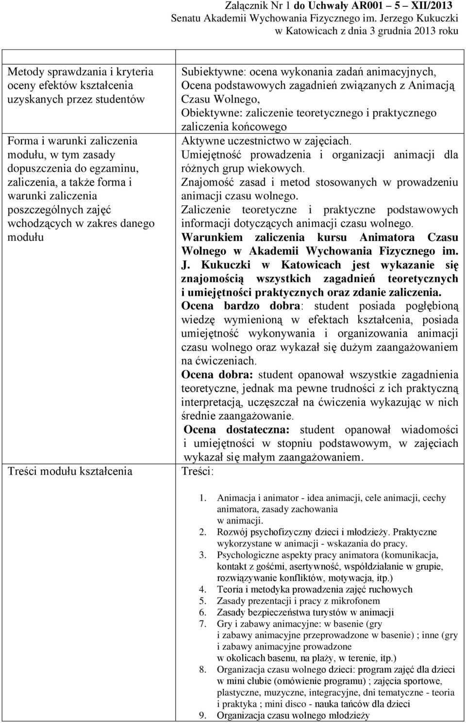 Wolnego, Obiektywne: zaliczenie teoretycznego i praktycznego zaliczenia końcowego Aktywne uczestnictwo w zajęciach. Umiejętność prowadzenia i organizacji animacji dla różnych grup wiekowych.