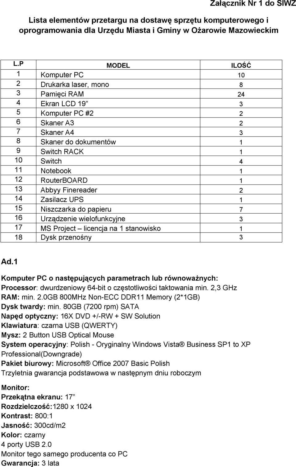 Notebook 1 12 RouterBOARD 1 13 Abbyy Finereader 2 14 Zasilacz UPS 1 15 Niszczarka do papieru 7 16 Urządzenie wielofunkcyjne 3 17 MS Project licencja na 1 stanowisko 1 18 Dysk przenośny 3 Ad.